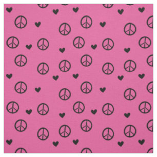Tissu Signes et coeurs de paix rose noir