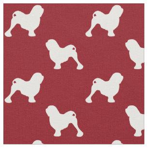 Tissu Silhouettes de chien Lowchen à motif rouge et blan