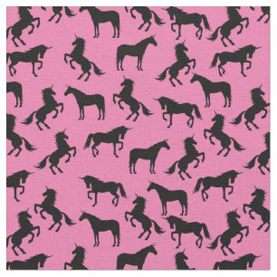 Tissu Silhouettes Unicorne rose et noir