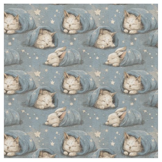 Tissu Sleepy Cats Under Starry Sky Cozy Blue Pattern (Fermer)