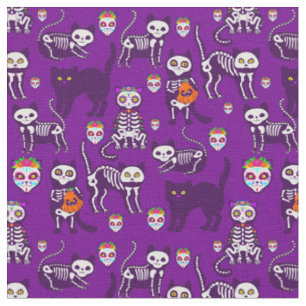 Tissu squelette de chats d'halloween violet