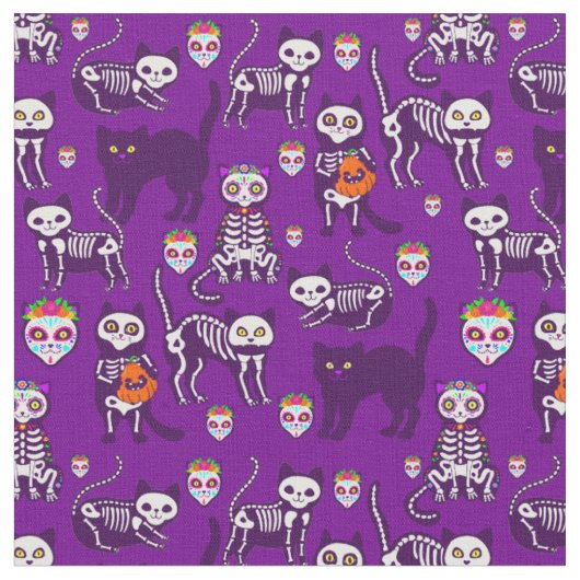Tissu squelette de chats d'halloween violet (Fermer)