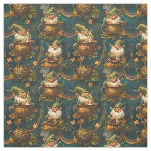 Tissu St Patrick Gnome Pot Gold 4 feuille Motif de trèfl (Échantillon)