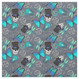 Tissu Steampunk Funky Gothic Gris et Bleu Motif
