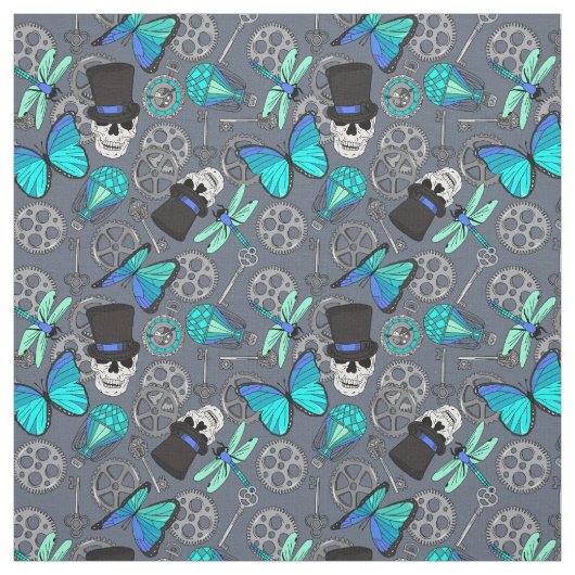Tissu Steampunk Funky Gothic Gris et Bleu Motif (Échantillon)