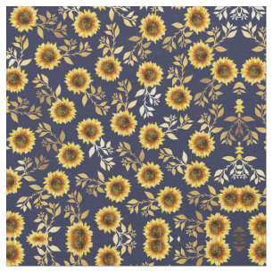 Tissu Sunny Yellow Gold Navy Feuille Motif