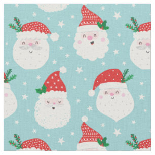Tissu Têtes Père Noël mignonnes en bleu clair