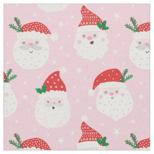 Tissu Têtes Père Noël mignonnes rose pâle
