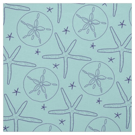 Tissu Thème de plage Teal, étoile de mer Navy, dollar de (Échantillon)