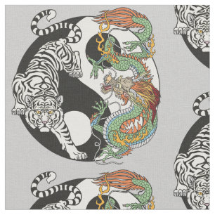 Tissu Tigre blanc contre dragon vert dans le Yin yang f