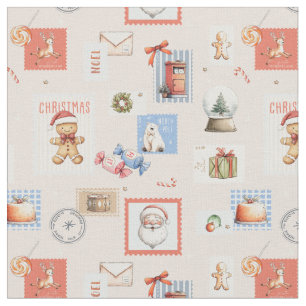 Tissu Timbres de Noël Père Noël rennes bonbon