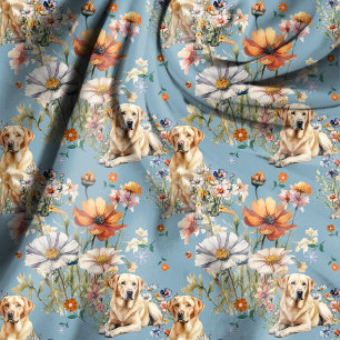 Tissu Tissus Jaunes Labs et Fleurs Sauvages sur Fond Ble