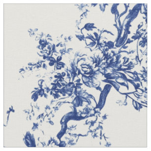 Tissu Toile de Jouy florale à branche bleu royal