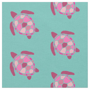 Tissu Tortues de mer rose nautique Motif sur Turquoise