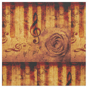 Tissu Touches de piano avec notes musicales et rose