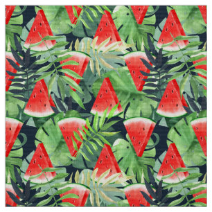 Tissu Tranches de pastèque avec feuilles tropicaux