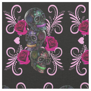 Tissu Triple Jour Noir Des Crânes Morts Roses Rose
