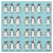 Tissu Trois Pingouins De Noël Festifs Sur Bleu Clair (Échantillon)