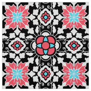 Tissu Tuile marocaine florale, noir, blanc et rose de