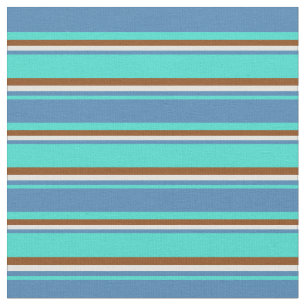 Tissu Turquoise, Bleu, Cyan clair & Lignes Brown