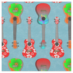 Tissu Ukuleles hawaïens sur bleu