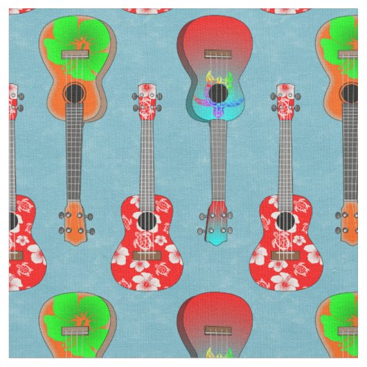 Tissu Ukuleles hawaïens sur bleu (Fermer)