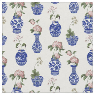 Tissu Vases et fleurs bleus de chinoiserie