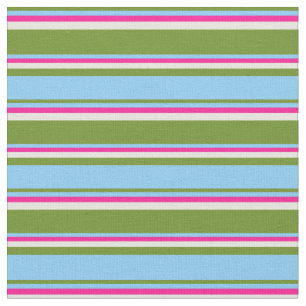Tissu Vert, bleu ciel clair, lignes rose profond et beig