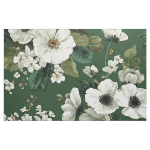 Tissu Vert botanique floral rustique blanc gras vintage