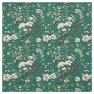 Tissu Vert botanique floral rustique blanc gras vintage