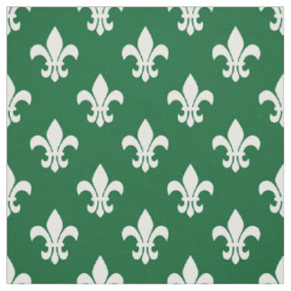 Tissu Vert forêt, Blanc Fleur De Lis Motif