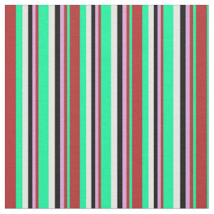 Tissu Vert, Rouge, Plum, Bandes de couleur noire et blan