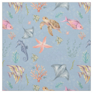 Tissu Vie océanique à l'aquarelle Texturé bleu clair