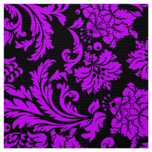 Tissu Violet Bleu Et Damas Florales Noires