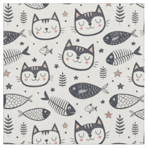 Tissu Visage de Chat Mignon & Motif d'Os de Poisson - De