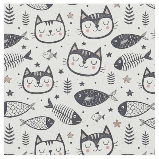 Tissu Visage de Chat Mignon & Motif d'Os de Poisson - De (Fermer)
