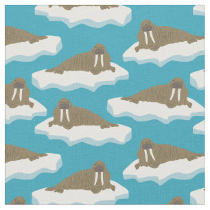 Tissu Walruses sur Icebergs Motif Turquoise Bleu