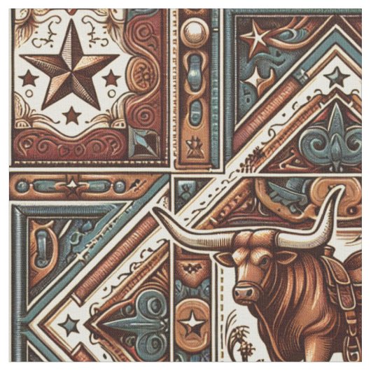 Tissu Western Longhorn Steer Brown et Turquoise (Fermer)