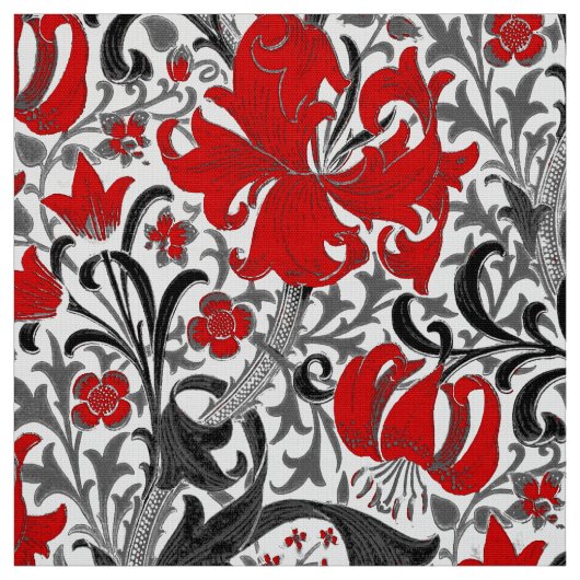 Tissu William Morris Iris et Lily, noir, blanc et rouge (Échantillon)