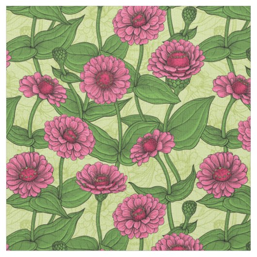 Tissu Zinnias rose sur vert clair (Fermer)