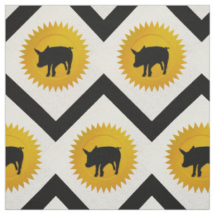 Tissu Zodiaque chinois de porc   Blanc, Or et Noir