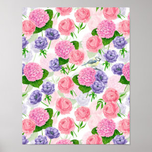 Tit-vogel en -bloemen poster