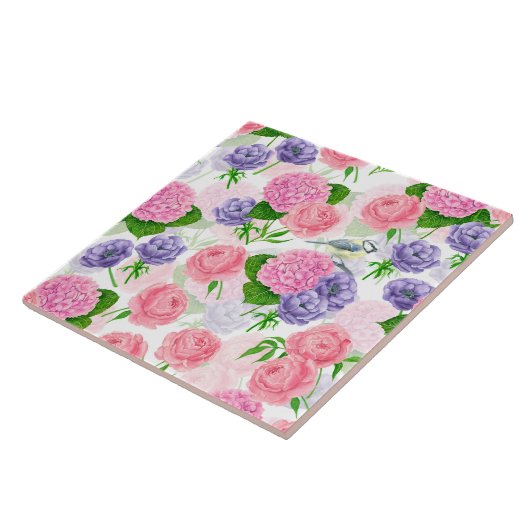 Tit-vogel en -bloemen tegeltje (Zijkant)