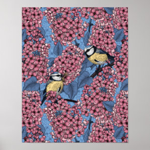 Tit-vogels in de lila tuin poster