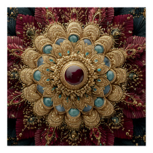 Titaanblauw Bourgondië Gouden Mandala Met Juwelen Perfect Poster