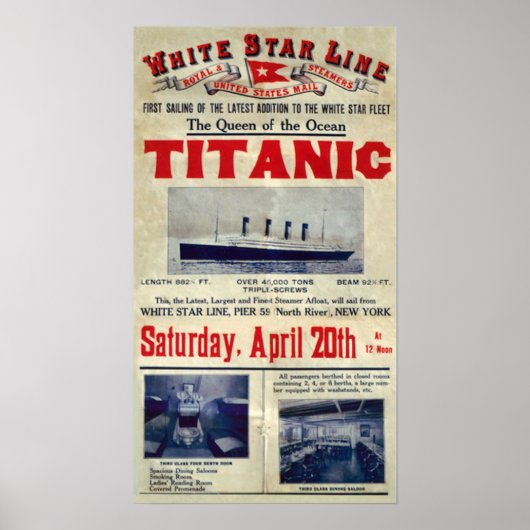 Titanic Arrival Welcome Advert 20 april 1912 Poster (Voorkant)