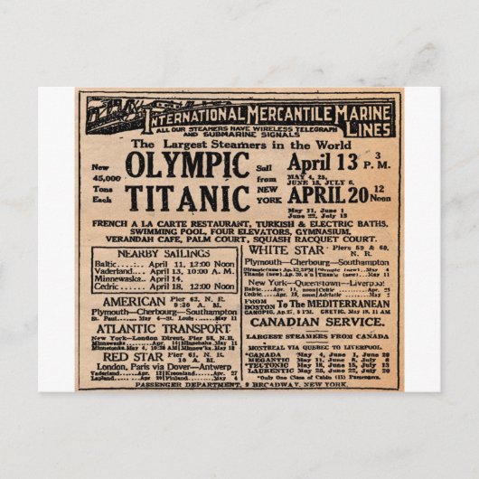 Titanic Newspaper Ad Briefkaart (Voorkant)