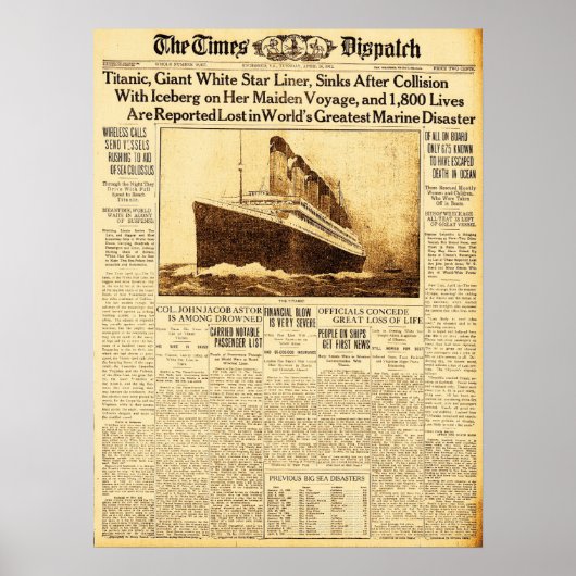 Titanic Sinks after Collision with Iceberg 1912 Poster (Voorkant)