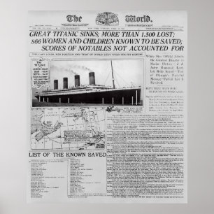 TITANIC SINKS - Voorpagina Nieuws Wereldwijd 1912 Poster