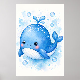 Titel  Cute Blauwe Walvis Aquarel Kinderkamer Kuns Poster